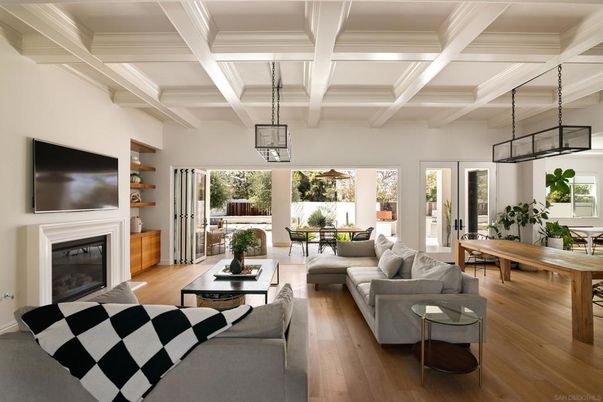 Fireplace, Interior, Living room, Pendant Lights, Wood Texture Flooring