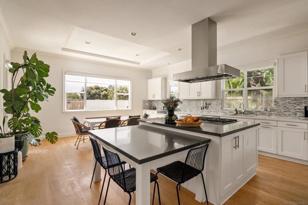 Dining room, Interior, Kitchen, Recessed Lighting, Stainless Steel Appliances, Wood Texture Flooring