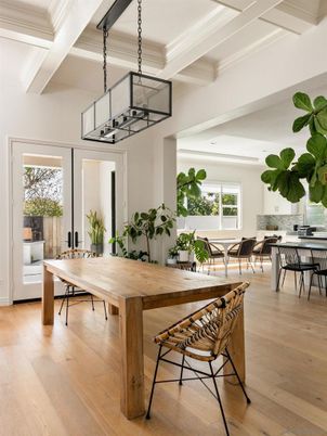Dining room, Interior, Pendant Lights, Wood Texture Flooring