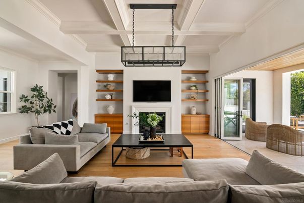 Fireplace, Interior, Living room, Pendant Lights, Wood Texture Flooring