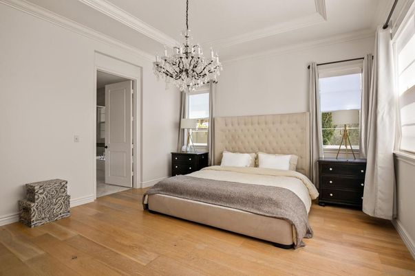 Bedroom, Chandelier, Interior, Wood Texture Flooring