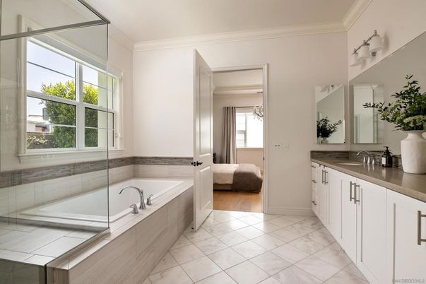 Bathroom, Glass Shower, Interior, Marble, Wood Texture Flooring