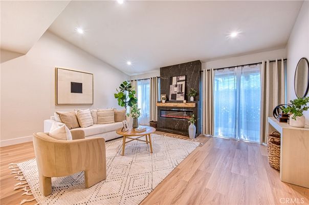 Fireplace, Interior, Living room, Recessed Lighting, Wood Texture Flooring
