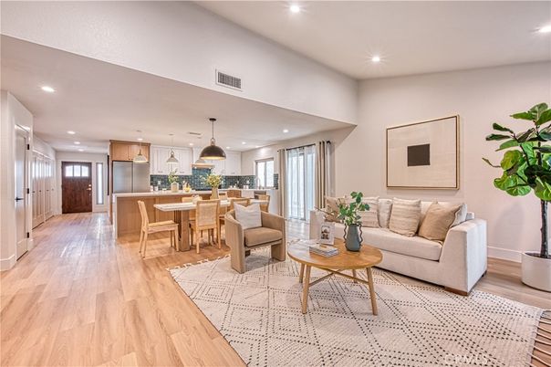 Dining room, Interior, Kitchen, Living room, Pendant Lights, Recessed Lighting, Stainless Steel Appliances, Wood Texture Flooring