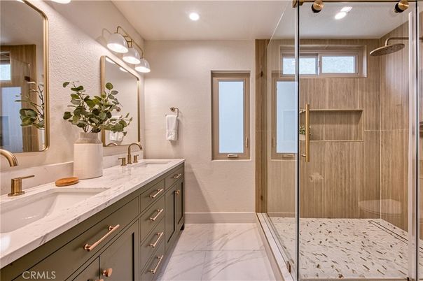 Bathroom, Dual Sink Vanities, Glass Shower, Interior, Marble, Recessed Lighting