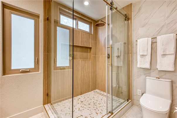 Bathroom, Glass Shower, Interior, Marble Walls, Recessed Lighting