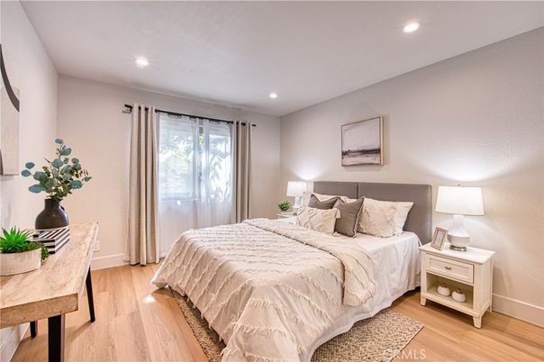 Bedroom, Interior, Recessed Lighting, Wood Texture Flooring