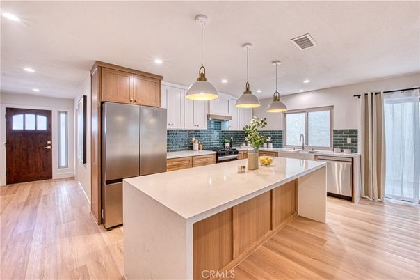 Interior, Kitchen, Pendant Lights, Recessed Lighting, Stainless Steel Appliances, Wood Texture Flooring