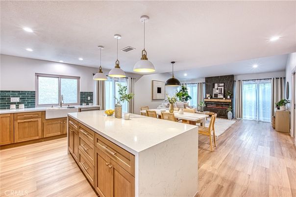 Dining room, Fireplace, Interior, Kitchen, Living room, Pendant Lights, Recessed Lighting, Wood Texture Flooring