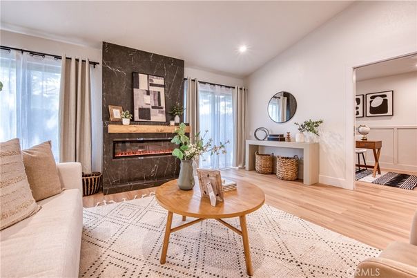 Fireplace, Interior, Recessed Lighting, Wood Texture Flooring
