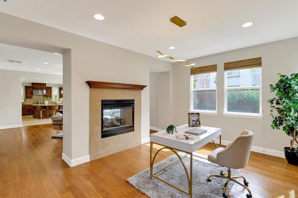 Fireplace, Home Office, Interior, Kitchen, Pendant Lights, Recessed Lighting, Wood Texture Flooring