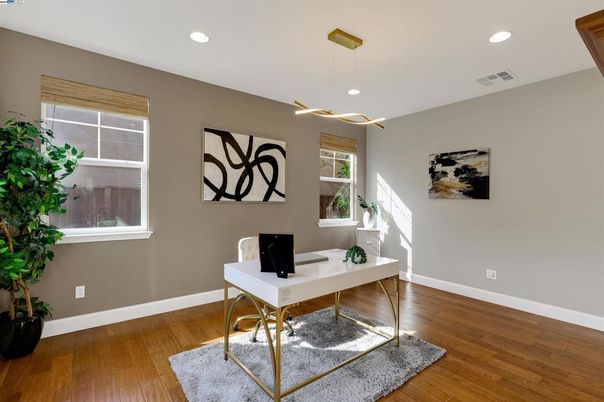 Home Office, Interior, Pendant Lights, Recessed Lighting, Wood Texture Flooring