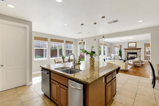 Dining room, Fireplace, Interior, Kitchen, Living room, Pendant Lights, Recessed Lighting, Stainless Steel Appliances