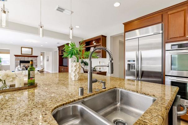 Fireplace, Interior, Kitchen, Pendant Lights, Recessed Lighting, Stainless Steel Appliances