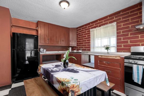 Interior, Kitchen, Stainless Steel Appliances, Stone Walls, Wood Texture Flooring