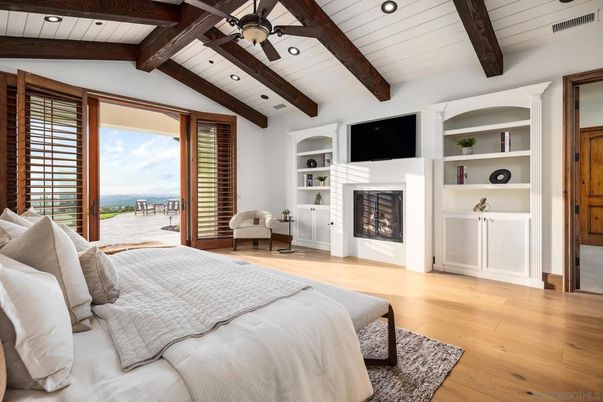 Bedroom, Fireplace, Interior, Recessed Lighting, Water, Wooden Beams, Wood Texture Flooring