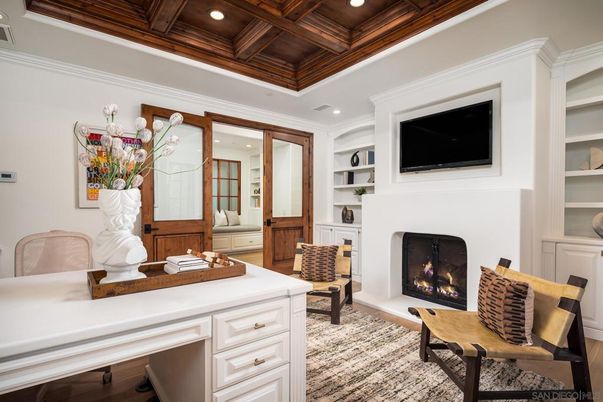 Fireplace, Home Office, Interior, Recessed Lighting, Wooden Beams, Wooden Ceilings, Wood Texture Flooring