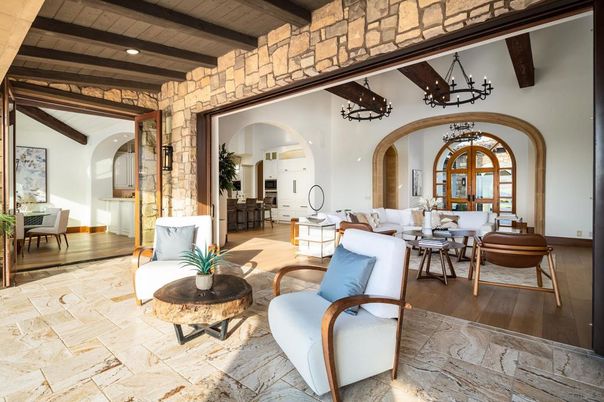 Dining room, Interior, Living room, Recessed Lighting, Stone Walls, Wooden Beams, Wooden Ceilings, Wood Texture Flooring