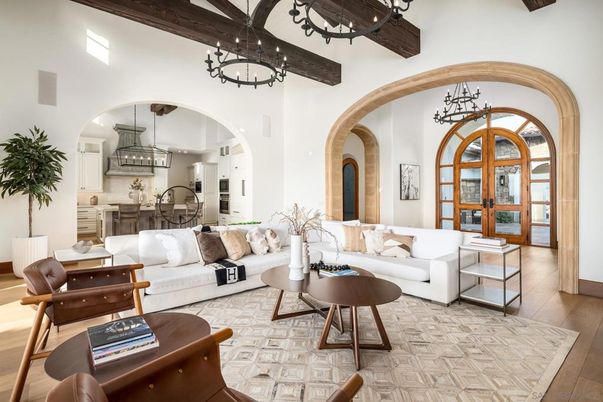 Chandelier, Interior, Kitchen, Living room, Pendant Lights, Recessed Lighting, Wooden Beams, Wood Texture Flooring