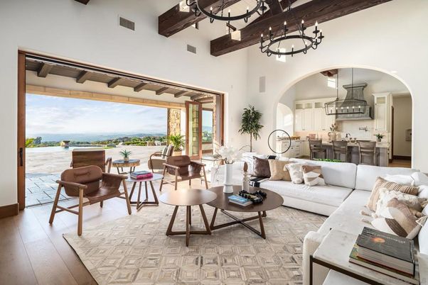 Chandelier, Interior, Kitchen, Living room, Pendant Lights, Water, Wooden Beams, Wood Texture Flooring