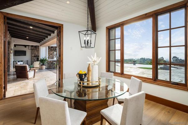 Dining room, Interior, Pendant Lights, Recessed Lighting, Water, Wooden Beams, Wood Texture Flooring