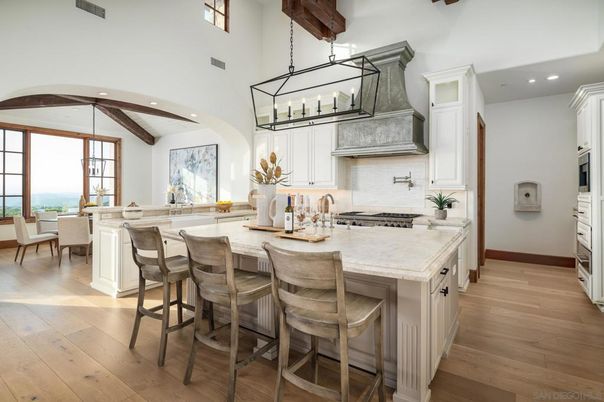 Dining room, Interior, Kitchen, Pendant Lights, Recessed Lighting, Stainless Steel Appliances, Water, Wooden Beams, Wood Texture Flooring