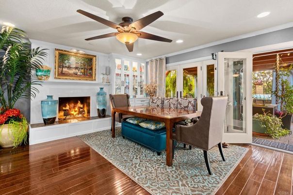 Dining room, Fireplace, Interior, Recessed Lighting, Wood Texture Flooring