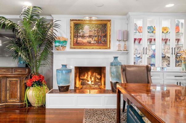 Fireplace, Home Office, Interior, Recessed Lighting, Wood Texture Flooring