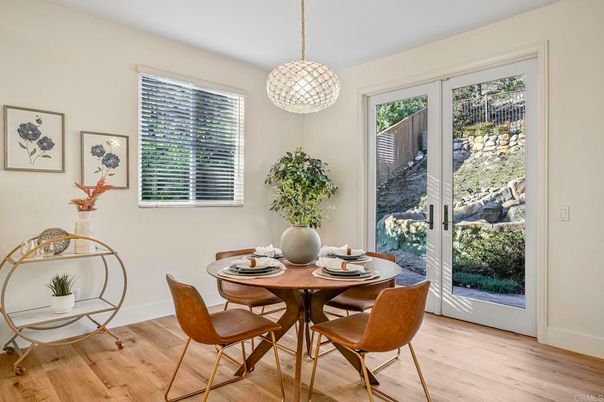 Dining room, Interior, Pendant Lights, Wood Texture Flooring
