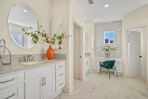 Bathroom, Dual Sink Vanities, Interior, Marble, Recessed Lighting