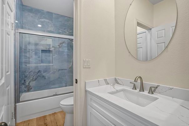 Bathroom, Glass Shower, Interior, Wood Texture Flooring