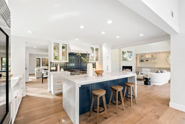 Fireplace, Interior, Kitchen, Living room, Recessed Lighting, Wood Texture Flooring