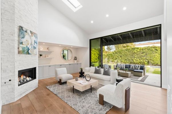 Fireplace, Interior, Living room, Recessed Lighting, Stone Walls, Wood Texture Flooring