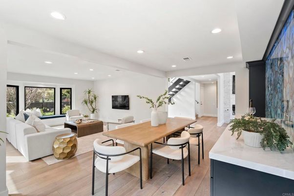 Dining room, Interior, Living room, Recessed Lighting, Wood Texture Flooring