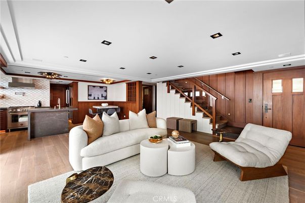Dining room, Interior, Kitchen, Living room, Recessed Lighting, Stainless Steel Appliances, Wood Texture Flooring