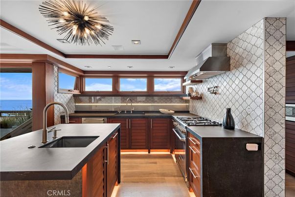 Interior, Kitchen, Recessed Lighting, Stainless Steel Appliances, Water, Wood Texture Flooring