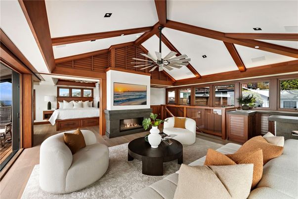 Fireplace, Interior, Living room, Recessed Lighting, Wooden Beams