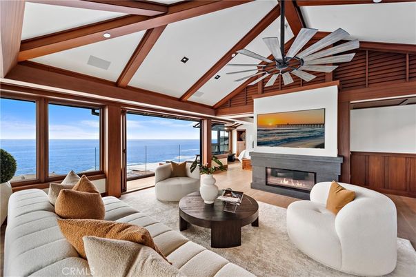 Fireplace, Interior, Living room, Recessed Lighting, Water, Wooden Beams, Wood Texture Flooring