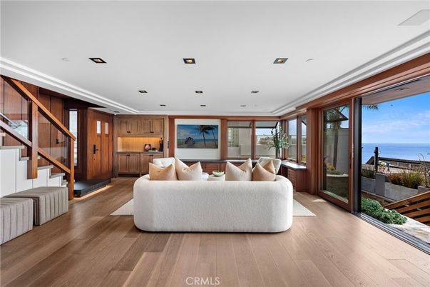 Interior, Living room, Recessed Lighting, Water, Wood Texture Flooring, Wooden Walls