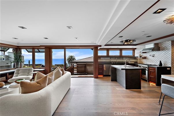 Interior, Kitchen, Living room, Recessed Lighting, Stainless Steel Appliances, Water, Wood Texture Flooring