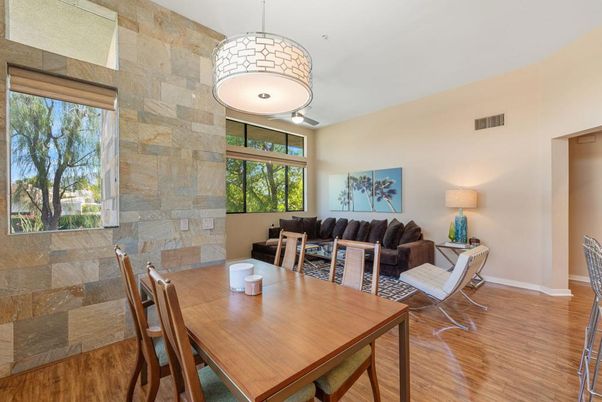 Dining room, Interior, Living room, Pendant Lights, Stone Walls, Wood Texture Flooring