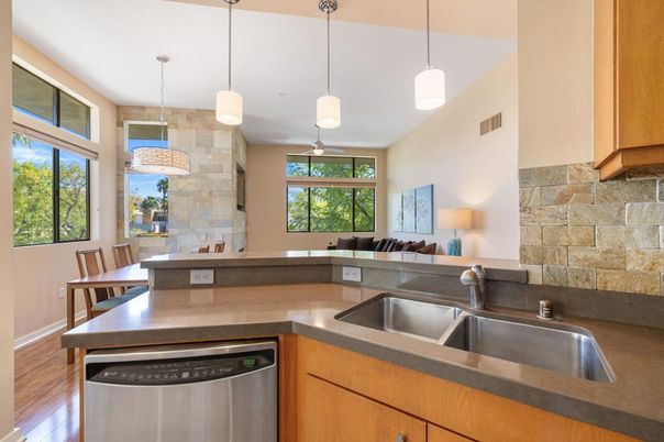 Dining room, Interior, Kitchen, Pendant Lights, Stone Walls, Wood Texture Flooring