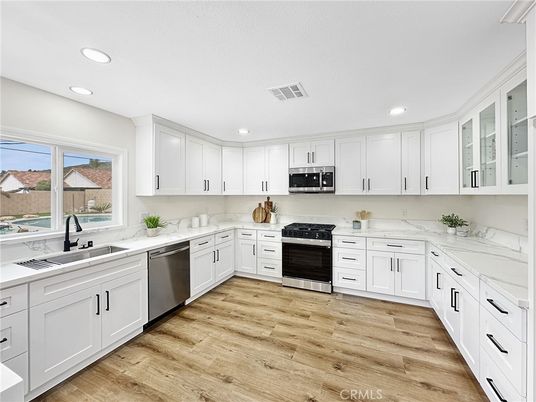 Interior, Kitchen, Recessed Lighting, Stainless Steel Appliances, Wood Texture Flooring