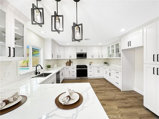 Interior, Kitchen, Pendant Lights, Recessed Lighting, Stainless Steel Appliances, Wood Texture Flooring