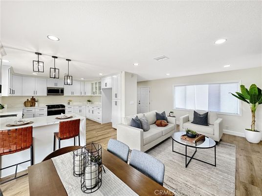 Interior, Kitchen, Living room, Pendant Lights, Recessed Lighting, Stainless Steel Appliances, Wood Texture Flooring