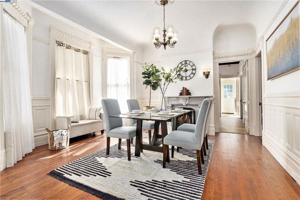 Chandelier, Dining room, Interior, Wood Texture Flooring