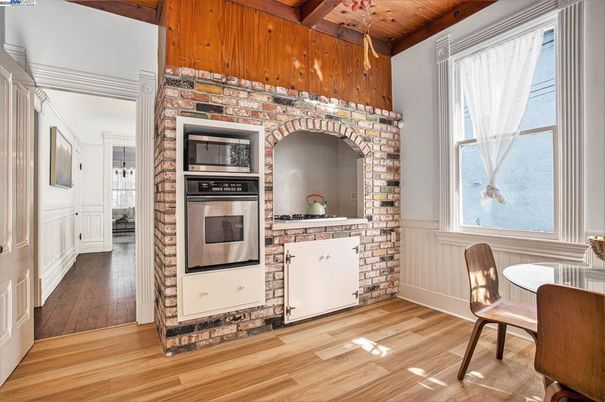 Interior, Kitchen, Stainless Steel Appliances, Wooden Beams, Wooden Ceilings, Wood Texture Flooring, Wooden Walls