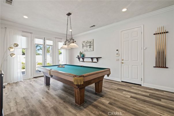 Billiard Table, Game Room, Interior, Pendant Lights, Recessed Lighting, Wood Texture Flooring