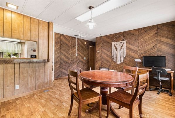 Home Office, Interior, Pendant Lights, Wood Texture Flooring, Wooden Walls