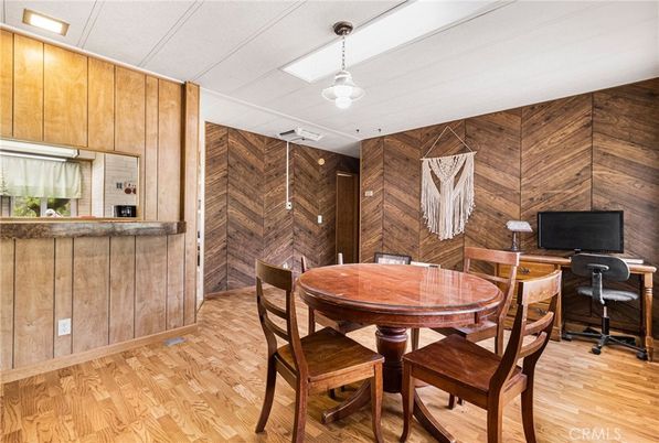 Dining room, Interior, Pendant Lights, Wood Texture Flooring, Wooden Walls